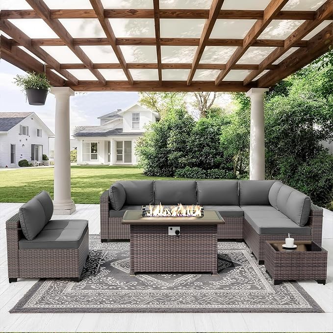 ALAULM 10 Pieces Patio Furniture Set with Propane Fire Pit Table Outdoor Sectional Sofa Sets Patio Furniture 43" Gas Fire Pit Brown PE Rattan Patio Conversation Set w/8 Seat Cushions (Grey)