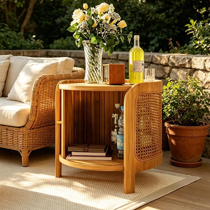 Merax Small Round Rotating Coffee Table with Hidden Storage, 19.8 Inch Modern Indoor/Outdoor Natural Rattan Coffee Table with Wood Fluted Sliding Door, for Patio Garden Balcony or Living Room