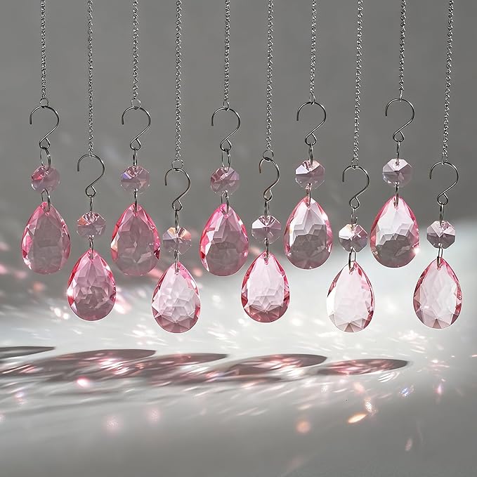 10 Pcs Pink Crystal Bauhinia Suncatcher Prisms Chandelier Window Decor | Pink Crystal Bauhinia Prisms Suncatcher Pendants 3 Inch Chandelier Beads Replacement Hanging for Window Garden Wedding Decor