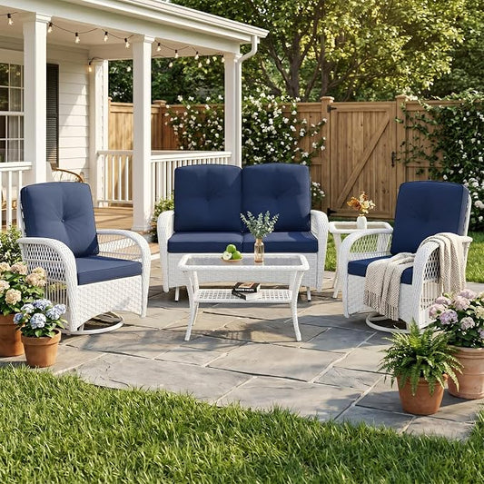 VIVIJASON 5-Piece Patio Wicker Conversation Set, All Weather Outdoor Rattan Furniture Set Includes Glider Loveseat, 2 Coffee Table, 2 Swivel-Gliders Chairs with Cushions, White/Navy Blue