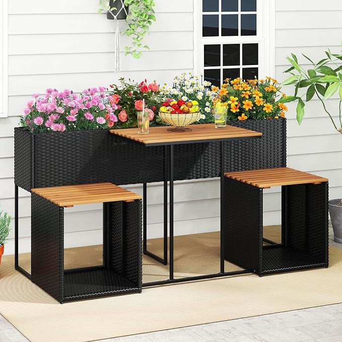 RELAX4LIFE Patio Furniture Set with Raised Garden Bed, Wicker Rattan Elevated Planter Table w/2 Chairs, Slatted Acacia Wood Top & Bottom Storage, Outdoor Conversation Set w/Planter Box for Herb Flower