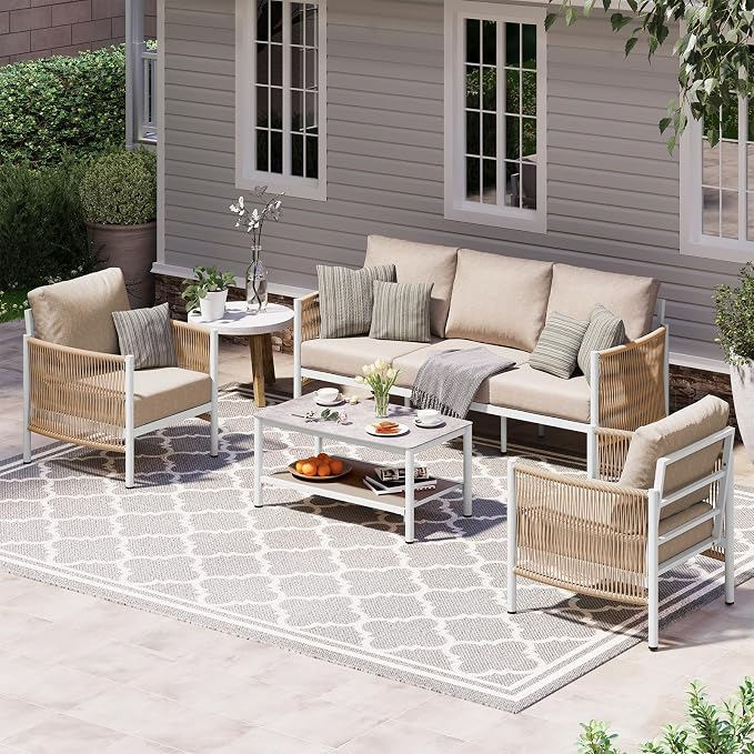 Aluminum Outdoor Patio Furniture Set with Dual-Layer Coffee Table, 4 Piece Modern Patio Conversation Sets with PE Rope, Outdoor Sectional Sofa with Thick Cushions for Balcony, Porch, Ivory