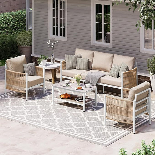 Aluminum Outdoor Patio Furniture Set with Dual-Layer Coffee Table, 4 Piece Modern Patio Conversation Sets with PE Rope, Outdoor Sectional Sofa with Thick Cushions for Balcony, Porch, Ivory