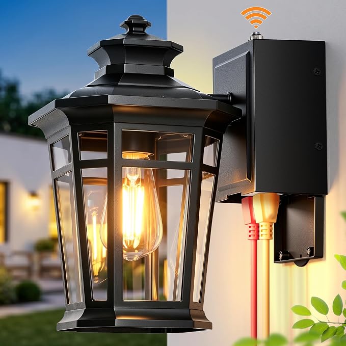 Gleamz Large Dusk to Dawn Outdoor Lighting with GFCI Outlet, Black Exterior Lighting Fixtures, Outdoor Porch Lights Wall Mount for Garage, Patio, Coach, 100% Aluminum Anti-Rust Waterproof