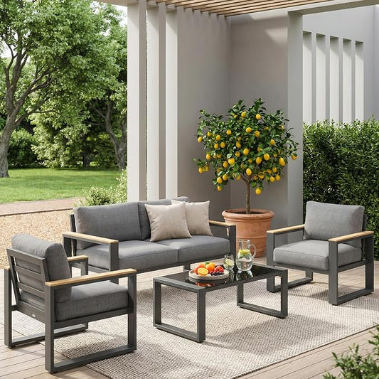 Aluminum Outdoor Patio Furniture Set with Height-adjustable Footrest for Lawn Porches Patio, 4-Seats All-weather Patio Sofa Sets with Coffee Table, Modern Outdoor Patio Conversation set, Grey