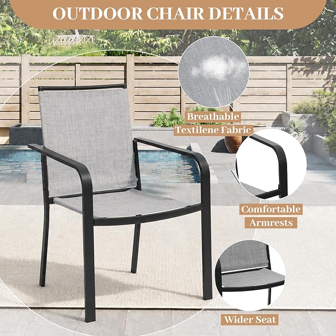 Anmutig 7-Piece Outdoor Dining Set, Powder Coated Steel Table with 6 Stackable Chairs and Rectangular Table, Grey Fabric