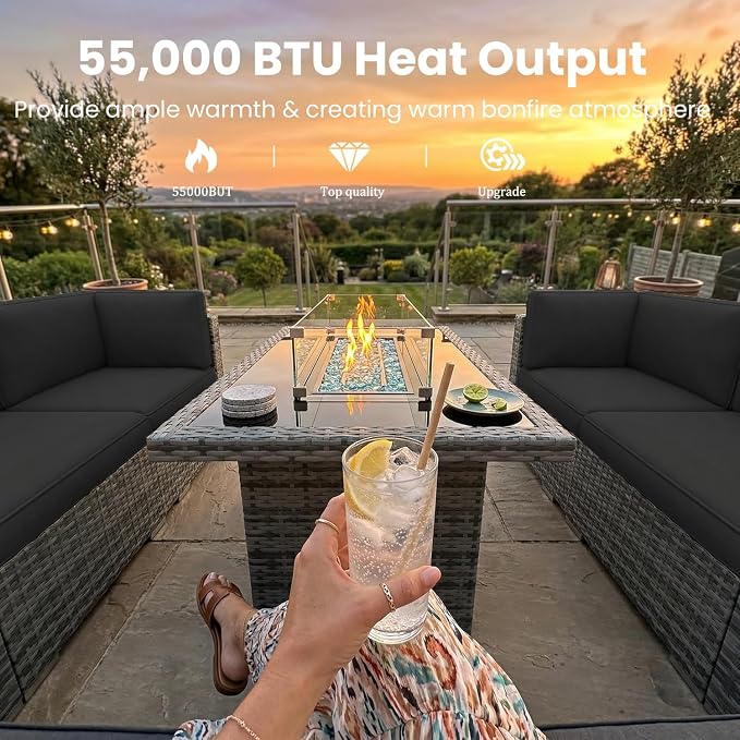 8 Pieces Patio Furniture Set with 44" Propane Gas Fire Pit Table, Outdoor Sectional Wicker Conversation Sofa Sets with Coffee Table