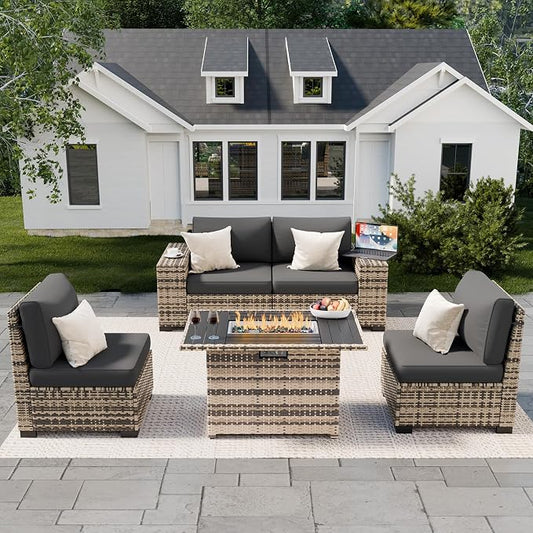 Amopatio 5 Piece Patio Furniture Set with 8" Armrest & 44" Fire Pit Table, Outdoor Wicker Rattan Sectional Sofa Conversation Set for Backyard, Garden, Poolside(Grey Cushion)
