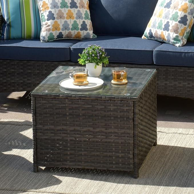 ovios Outdoor Side Table with Tempered Glass Top, Patio Wicker Coffee Table, Rattan Bistro End Table for Porch Deck Balcony Garden Poolside, Grey