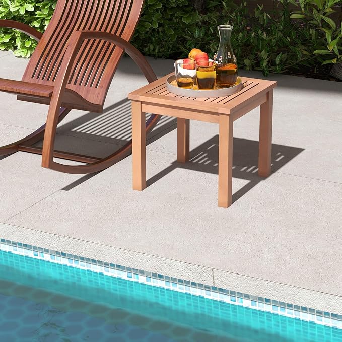 HAPPYGRILL Outdoor Side Table Eucalyptus Wood Square End Table, Wood Patio Table with Slatted Tabletop for Backyard Poolside Porch