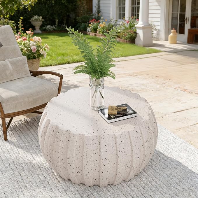 35.43" Faux Stone Coffee Table Round for Indoor or Outdoor Concrete Coffee Tables MgO Cement Center Tables for Living Room, Patio, Garden, Backyard, Balcony, Waterproof, White Drum