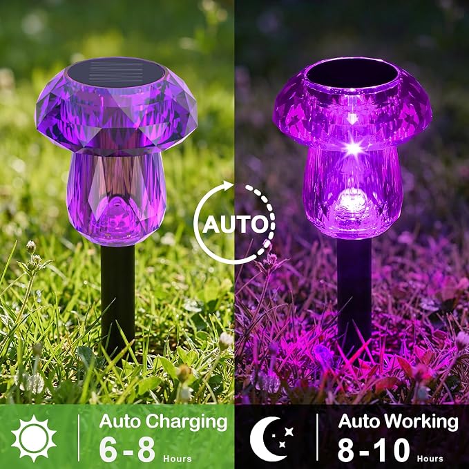 Solar Halloween Lights Outdoor 8 Pack Purple Garden Mushroom Decor | LED Waterproof Halloween Decorations Outdoor for Pathway Yard Outside Driveway Walkway Landscape Path Lighting, Auto On/Off