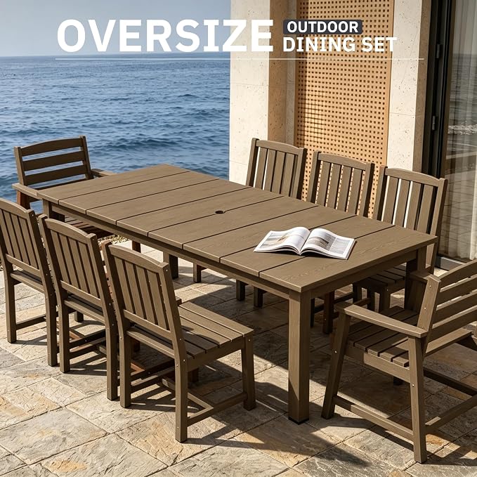 AreShark Outdoor Dining Table,All Weather Rectangular Patio Table for 6,Heavy-Duty HDPE Table with Umbrella Hole and Aluminum Frame,Weatherproof Outdoor Furniture for Backyard, Garden,Brown