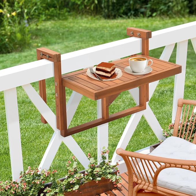 VINGLI 22in Acacia Wood Folding Balcony Hanging Table – Adjustable Height & Width, Balcony Railing Table Ideal for Different Railing Widths,Perfect for Balcony,Patio,Rectangular,Natural Wood Color