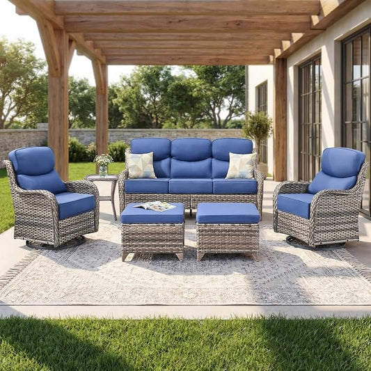 Luxury Swivel Rocker Chair Sofa Set with 6" Thick Cushions,6 Piece Wicker Swivel Rocker Patio Chair with footstools,Outdoor Comfortable High Back Chair Patio Furniture Set - Gery | Blue
