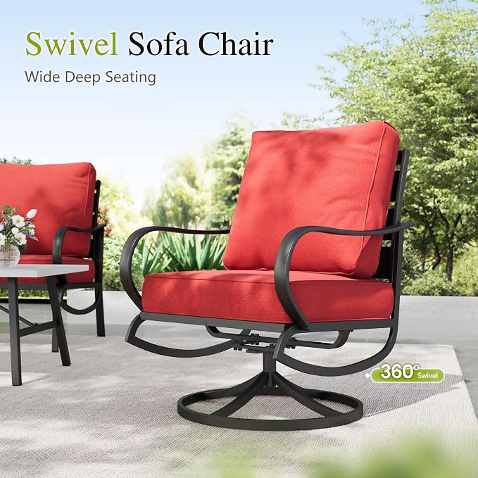 Sophia & William Patio Furniture Sets 7 Seats Outdoor Conversation Set 6 Pcs,2 x Cushioned Swivel Sofa Chairs,1 x 3-Seat Sofa,2 Ottomans, Marbling Metal Coffee Table Patio Backyard Poolside Red
