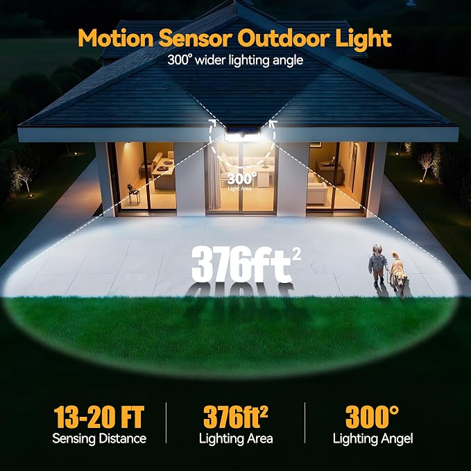 TECKNET 4200Lm Solar Lights Outdoor 416 LED Motion Sensor Security Lights | IP66 Waterproof,300° Angle,3 Lighting Modes,4 Pack Cool White Solar Lights for Fence,Front Door, Yard, Deck and Garden