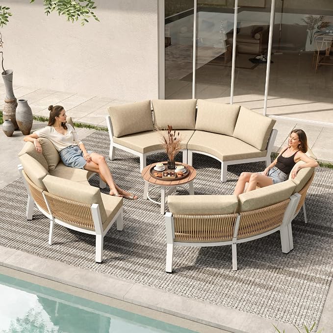 Outdoor Aluminum Round Coffee Table, All-Weather Patio Coffee Tables for Outside with PS Wood-Like Table Top, Modular Coffee Table for Backyard, Balcony, Deck, Yard, White