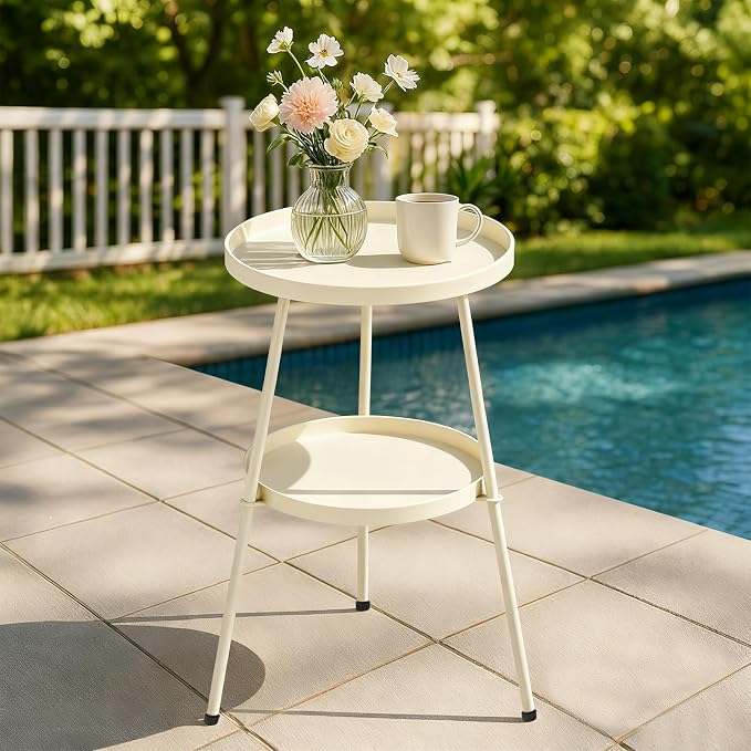 2 Tier Metal Round Side Table, Outdoor End Table for Small Spaces, Indoor Outdoor Nightstand for Living Room, Bedroom or Office (Cream)