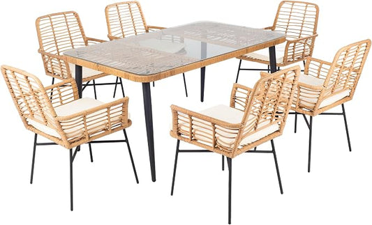 SAFAVIEH Outdoor Collection Beson Brown/White 7-Piece Dining Set PAT9010A-3BX