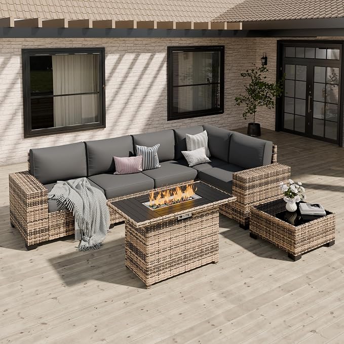Patio Furniture Set, Wide Armrest Outdoor Furniture Set with 44" Fire Pit Table Thick Cushions, 7 Piece Wicker Rattan Patio Sectional Sofa for Backyard, Poolside, Garden