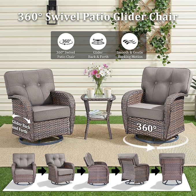 9-Piece Wicker Patio Furniture Set with 5-Inch Thick Cushions Weather Resistant Rattan High Back Swivel Rocker Chairs Senior Friendly Conversation Set for Small Porch Deck Sunroom Brown/Grey