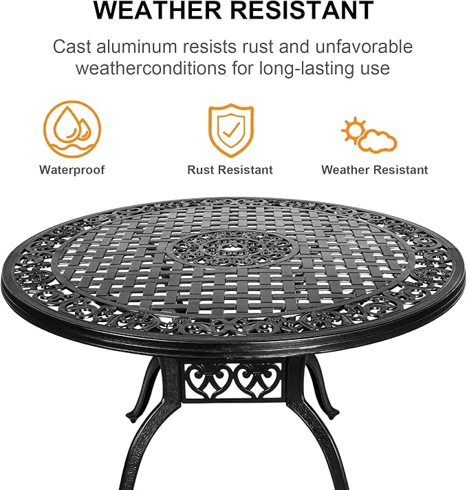 48" Cast Aluminum Outdoor Dining Table,Dining Conversation Side Table, Patio Bistro Table with 2.36" Umbrella Hole for Backyard, Garden, Patio, Porch