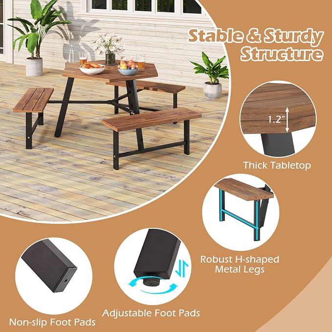 Giantex Picnic Table Bench Set for 6, Acacia Wood Outdoor Dining Table Set with 3 Seats, 1.97" Umbrella Hole, 1720 LBS Capacity, Heavy Duty Metal Frame, for Front Porch Patio Lawn Garden