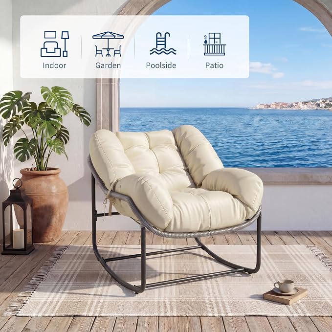 GarveeLife Outdoor Lazy Rocking Chair, Single Metal Rocker with Comfortable Seat, Beige, for Patio Porch Balcony, Relaxation