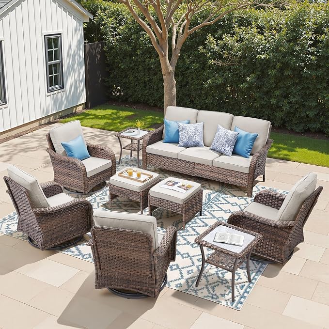 9 PCS Patio Furniture Set, Outdoor Wicker Sofa & 4 Swivel Rocking Chairs with 2 Ottomans & 2 Side Tables, 4-Inch Thick Olefin Cushions, 300 lbs Capacity Rattan Conversation Set for Porch, Beige