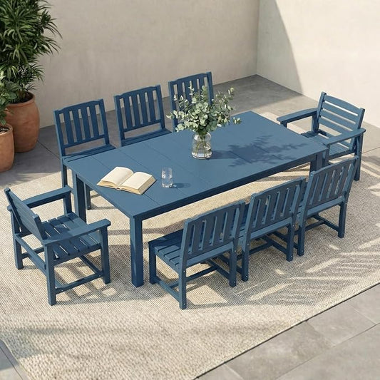 9-Piece Outdoor Dining Set with Aluminum Frame for 8,Navy Blue | HDPE material, 2" umbrella hole, patio table and chairs, ideal for yard, lawn, garden, balcony, deck, poolside