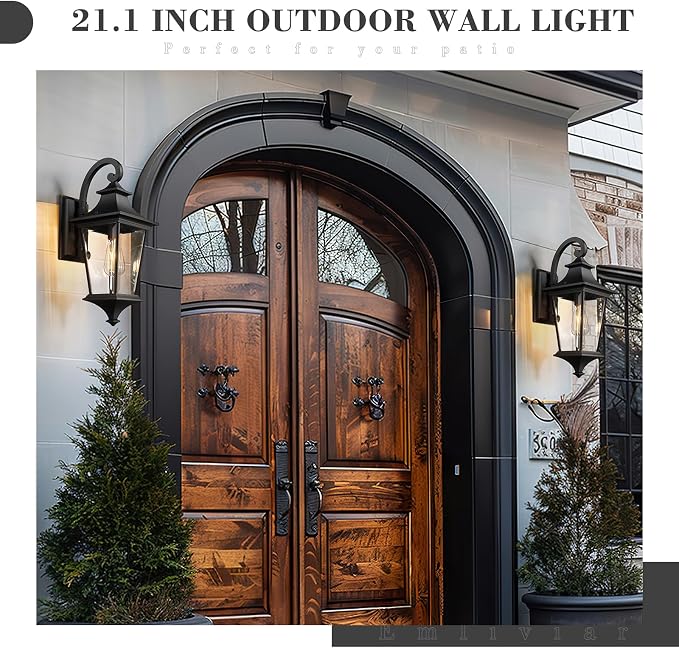 Emliviar Outdoor Porch Light, 21.1 Inch Modern Outdoor Wall Light for House Porch, Clear Glass in Black Finish, XE292B-M BK