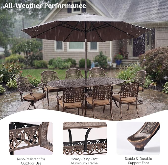 Redlife 9-Piece Cast Aluminum Outdoor Dining Set, 86" Oval Patio Table with Umbrella Hole, 2 Swivel Rocker Chairs & 6 Stackable Chairs with Cushions, Lattice Backrest, All-Weather Waterproof