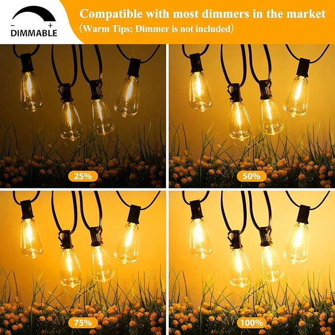 Brightever LED String Lights Outdoor Waterproof, 25FT 2200K Dimmable Patio Lights with 13 Shatterproof ST38 Vintage Edison Bulbs, Outside Hanging Light for Porch, Deck, Garden, Backyard, Balcony