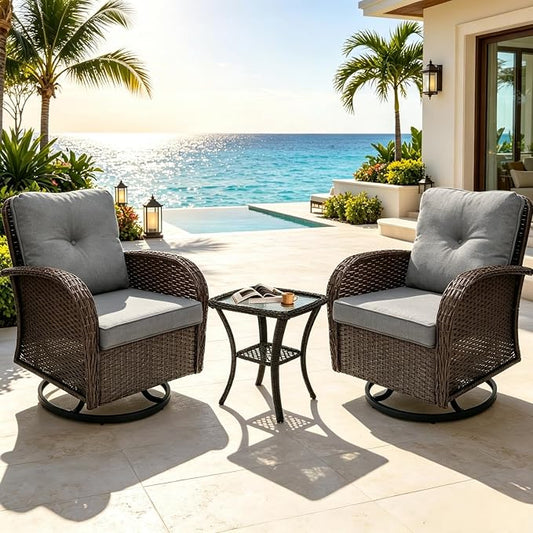 Outdoor Swivel Rocker Patio Chairs 3 Pieces，Swivel Patio Chairs with Cushions，Outdoor Swivel Rocking Chairs Set of 2 with Rattan Side Table，Patio Furniture Set for Outside Porch Deck