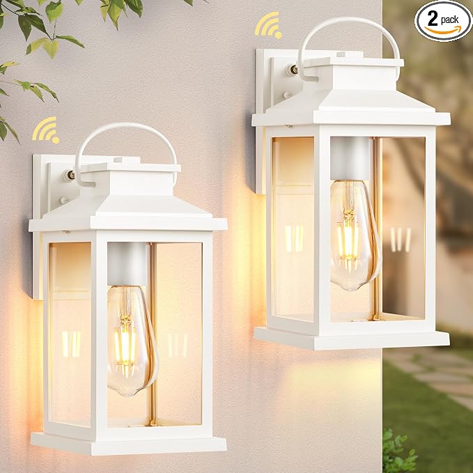 VIANIS White Exterior Garage Lighting Fixtures Wall Mount, 2 Pack Dusk to Dawn Sensor Outdoor Wall Lights for Porch, Modern Outside Lights for House, Outdoor Wall Sconces Lantern for Patio, Coach | Aluminum, Waterproof, Light Sensor, Outside Lights for...