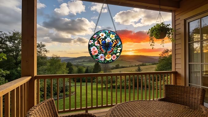 Stained Glass Window Hanging - A Beautiful Butterfly is Dancing in The Sea of Flowers 6.3 Inches Suncatcher for Garden Home Decor for Women Mom Grandma Friends