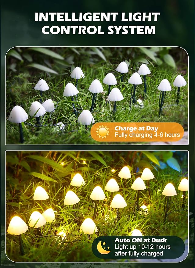 Solar Mushroom Garden Lights for Outside, 20 LED 32.8FT Solar Pathway Lights Outdoor Waterproof for Fence with 8 Lighting Modes for Patio Yard Decorative | 33FT Solar Pathway Lights with 8 Lighting Modes & Waterproof for Garden Fence Patio Yard Christm...