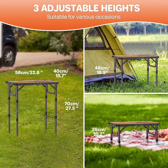 FUNYKICH 2ft Small Folding Camping Table(22.8'' Lx15.7'' W), 3 Height Adjustable Portable Picnic Table, Lightweight Aluminum Outdoor Table with Carry Handle for Camping, BBQ, Beach, Picnic, Brown