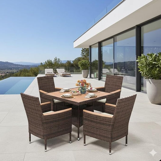 5-Piece Rattan Patio Dining Set with Acacia Wood Table 4 Armchairs and Cushions All-Weather Brown Wicker Outdoor Furniture Set for Backyard Deck Garden 35.4" Square Table