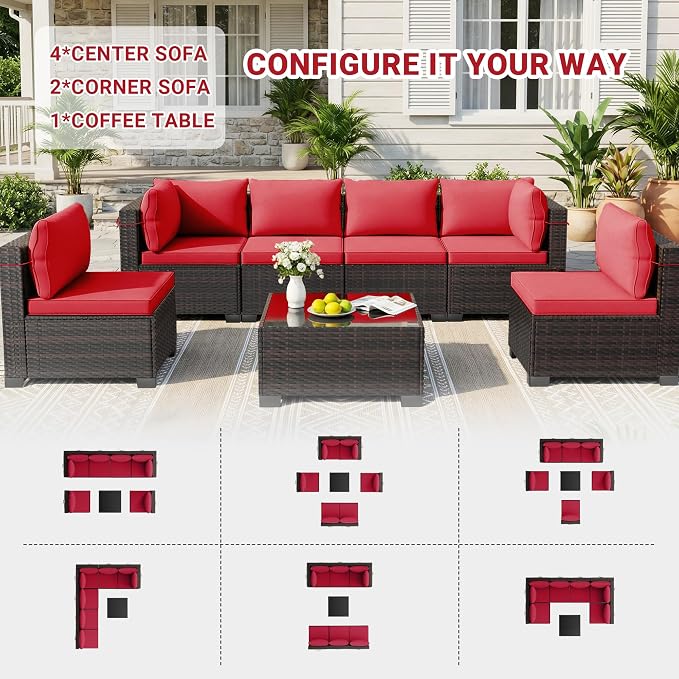 LAFWLL 7 Pieces Outdoor Patio Furniture Sets,Rattan Conversation Sectional Set,Manual Weaving Wicker Patio Sofa with Tea Table