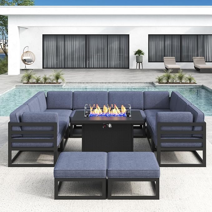 LayinSun Large Aluminum Patio Furniture Set with Fire Pit Table, 11 Pieces Modern Outdoor Conversation Set Sectional Metal Sofa Set with Olefin Cushion