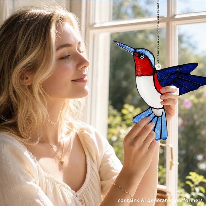 Hummingbirds Suncatcher Stained Glass, Hummingbird Suncatcher Ornament, Hummingbird Suncatcher for Grandma/Mom/Women (Blue)
