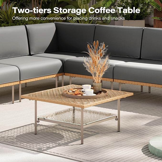 LAUSAINT HOME 7-Piece Outdoor Patio Furniture Set, Wicker Outdoor Conversation Set PE Rattan Sectional Sofa with Washable Cushions and Tempered Glass Table for Garden (Grey)