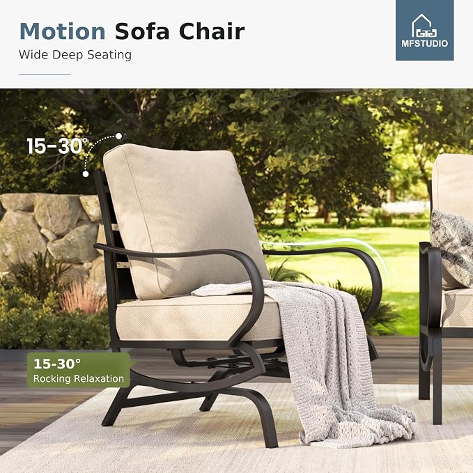 MFSTUDIO 4 Pieces Patio Conversation Sets, All Weather Metal Frame Outdoor Furniture Set Patio Sofas with 1 x 45 Rectangular Propane Fire Table, 1 x 3-Seat Sofa, 2 x Rocking Chairs, Beige Cushion