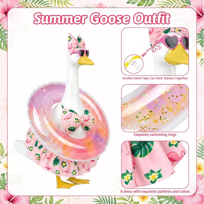 Hawaiian Porch Goose Outfits Summer, Flamingo Bikini Goose Outfit | Goose Costume with Sunglasses & Swim Ring Fits 17 23 Inch Cement Yard Plastic Statues, Outdoor Garden Patio Decor