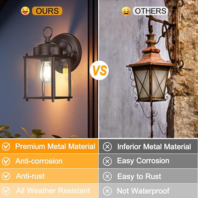 Outdoor Wall Light, Porch Lamp, Rustproof Waterproof, Bronze | Exterior Wall Sconce Fixture for House, Garage, Patio, Metal Housing with Glass, E26 Base, 4 Pack