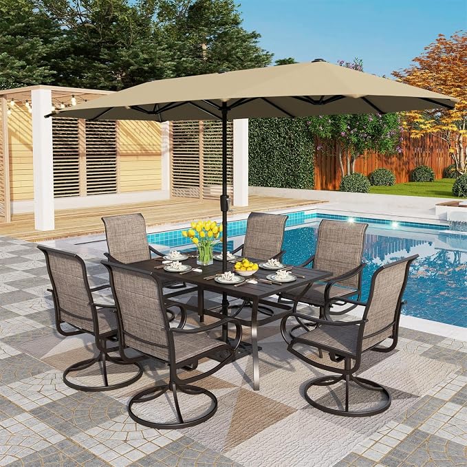 PHI VILLA Outdoor Dining Set for 6 with Beige Umbrella & Swivel Chairs | Padded textilene, High back & Ergonomic, Rectangular metal table, Weather-resistant, Patio backyard deck, No Umbrella Base