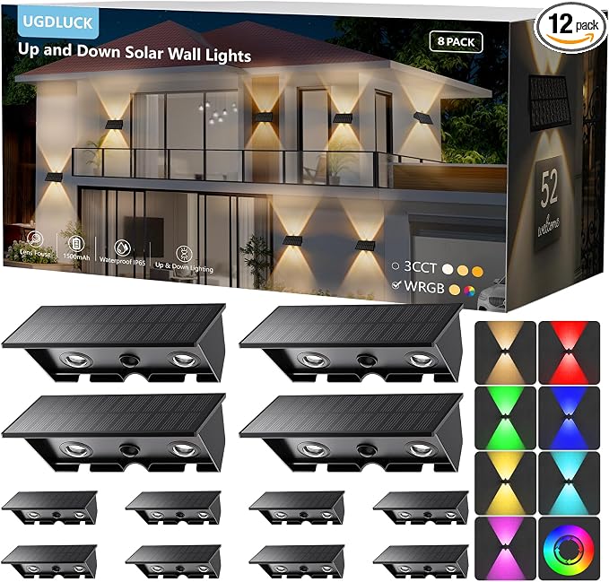 12PACK Solar Sconce Lights Outdoor,8 Lighting Modes Up and Down Solar Wall Lights Dusk to Dawn Lighting IP65 Waterproof Solar Lights Outdoor for House Exterior Front Porch Garage Fence Patio Yard