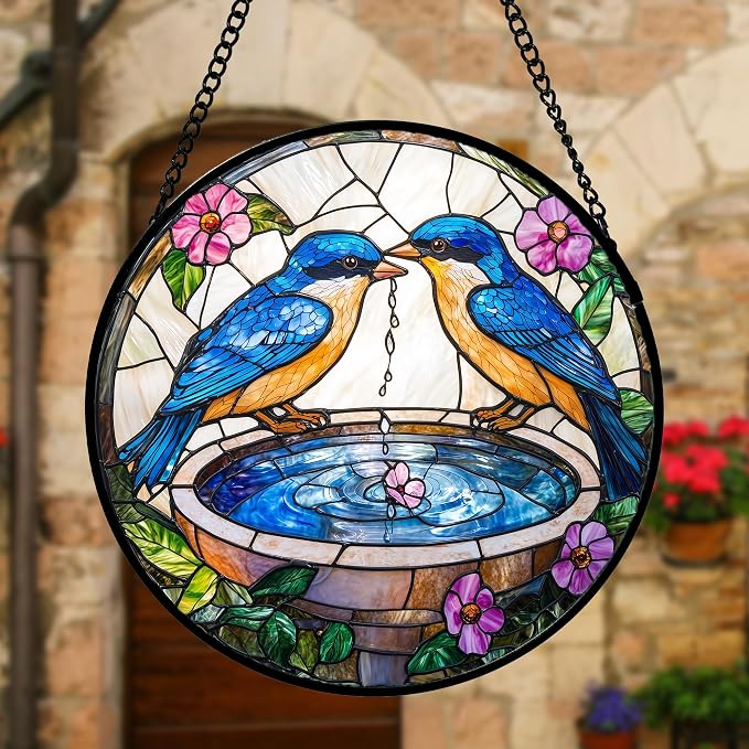 DASTOLL Stained Glass Window Hanging, 2 Blue Birds Suncatcher Diamond Glass Panel Hangings Bird Lover Sun Catchers Decor for Birthday for Women, Men, Wife, Aunt, and Mom 6.3 in